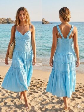 Sky blue smocked tiered ruffle, midi sundress-sm-medium -A+